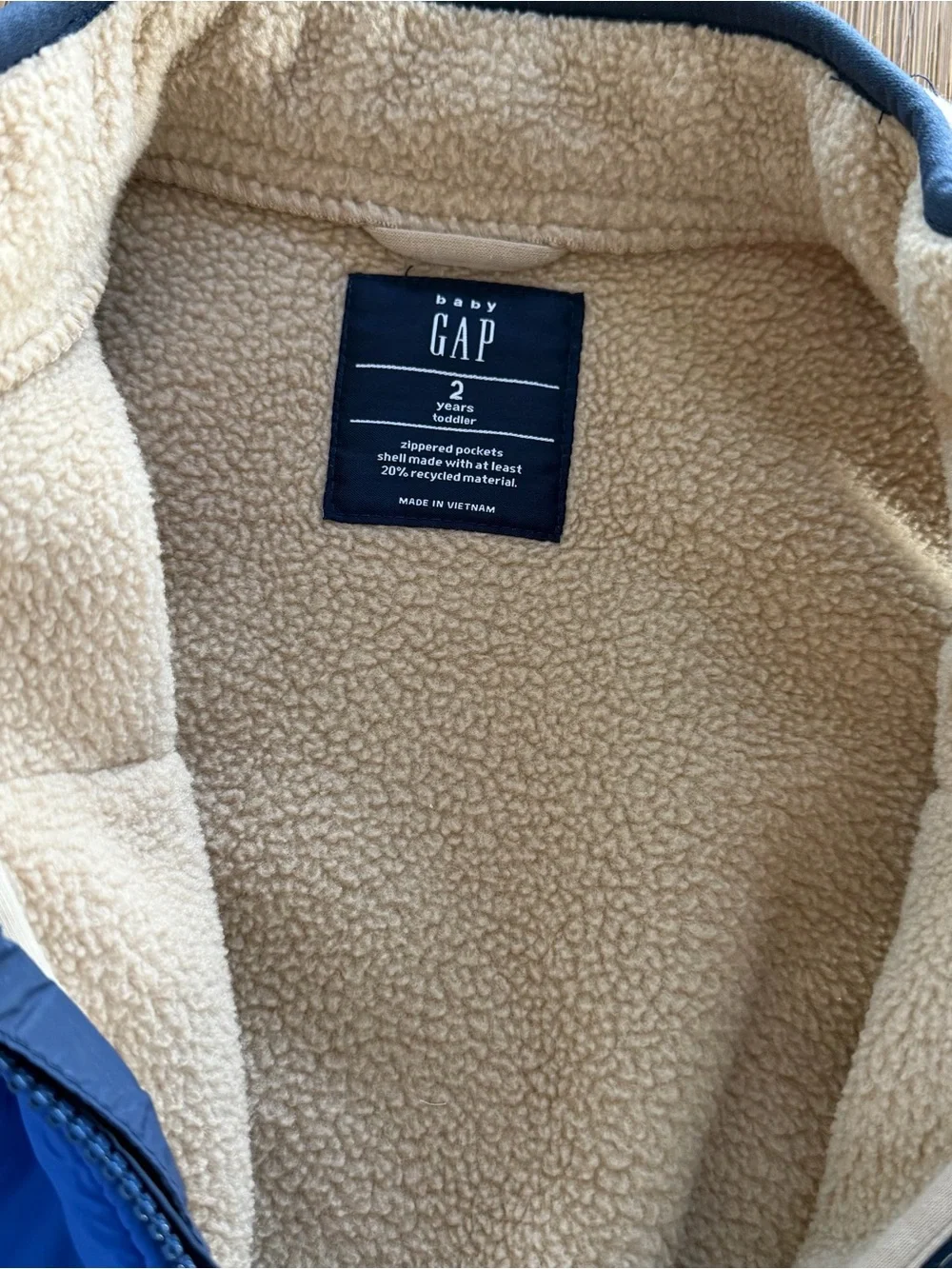 GAP Toddler Sherpa-Lined Vest in Beige Sherpa and Blue